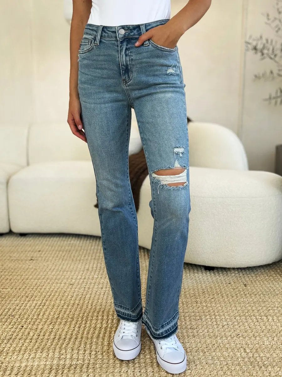 Judy Blue Full Size Mid Rise Destroyed Hem Distressed Jeans - Love Salve